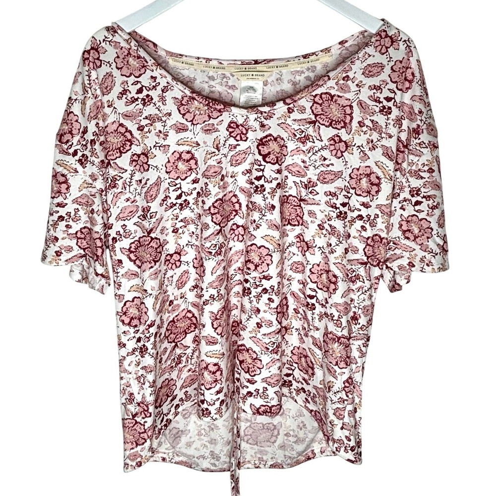 Lucky Brand Pajama Set Women Small Pink Excellent Floral Tie Hem Loungewear - Picture 3 of 12